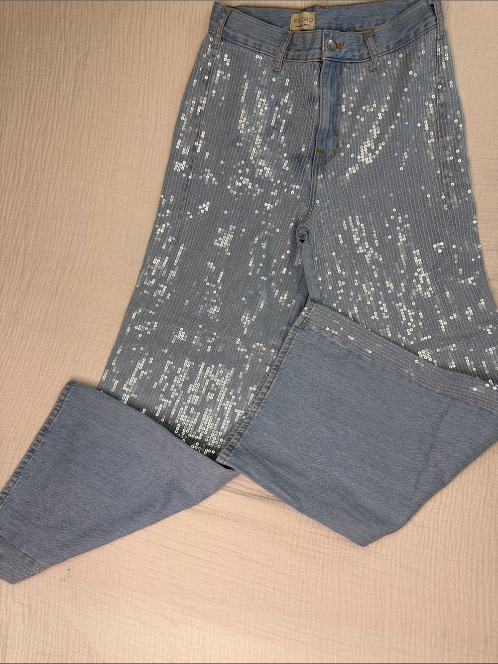 NWOT Anthropologie Light Blue Sequin Wide-Leg Jeans - Picture 2 of 6